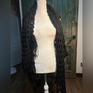 Black Lace Scarf with Intricate Pattern and Fringe
